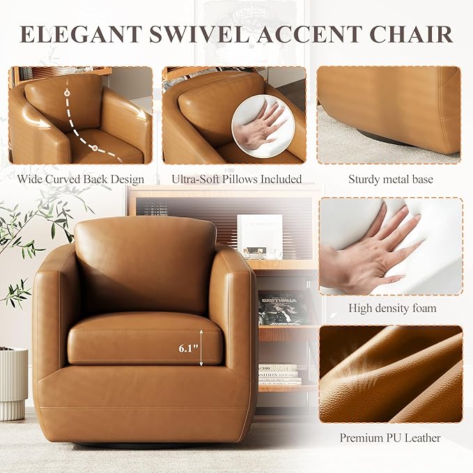 COLAMY 360° Swivel Accent Chair- Comfy Living Room Armchair No-Sag Foam &amp Sturdy Metal Base with Pillow Fully Assembled Swivel Accent Single Sofa for Bedroom Living Room Office Brown
