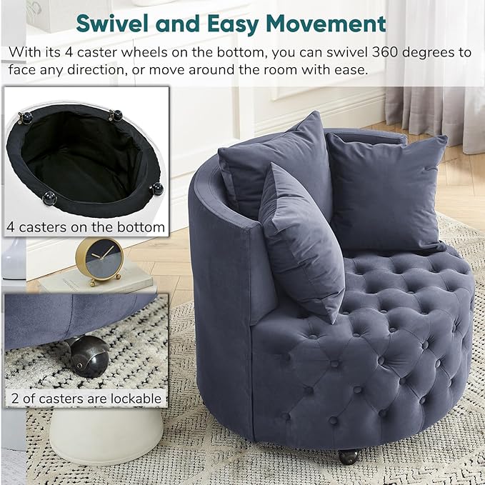 JOYBASE Swivel Barrel Chair Round Swivel Accent Chair Comfy Circle Club Lounge Chair Armchair Modern Sofa Chair for Living Room Office Bedroom (Blue-Grey Velvet)