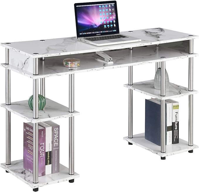 Convenience Concepts Designs2Go No Tools Desk Home Office Desk with Shelves Corner Shelf Vanity Desk Computer Desk Nail Table for Nail Tech - 47.25 L x 15.75 W x 30 H White Faux Marble