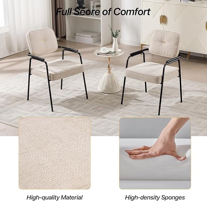 Accent Chair Dining Chair Set of 4 Chenille Upholstered Armchair Reading Side Chair Comfy Living Room Chair with Black Metal Legs for Bedroom Waiting Room Beige