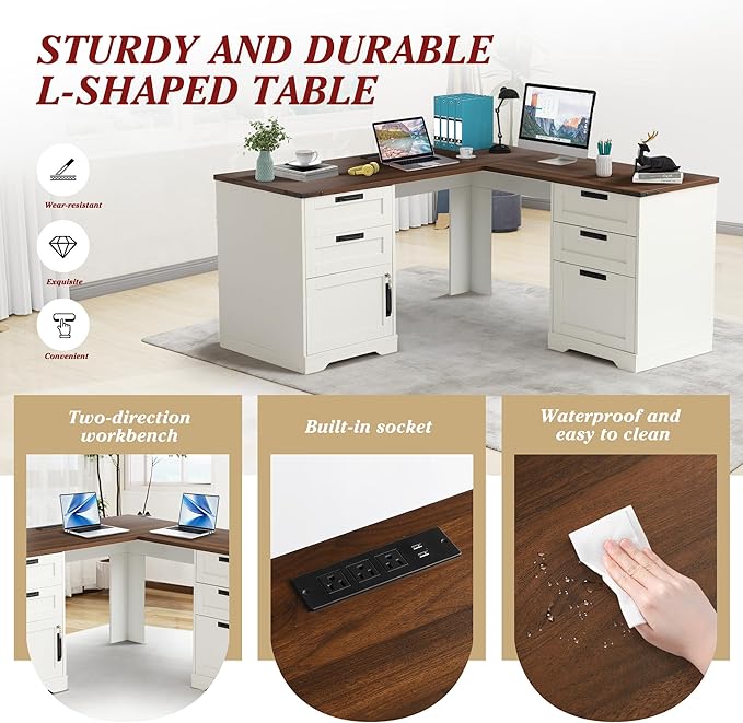 Grepatio 60 L Shaped Executive Desk with Drawers Farmhouse Corner Desk with USB Charging Station 2 Person Home Office Computer Writing Desks with Storage Key Lock Filing Cabinet (Antique White)