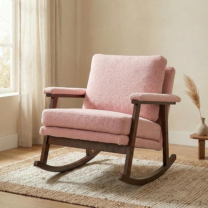 Rocking Chair for Nursery Living Room &amp Bedroom Upholstered Accent Chair with Solid Rubberwood Frame Cozy Reading Chair for Small Spaces Pink