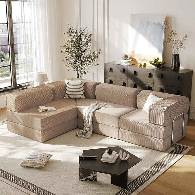 108 L Shaped Couch Modular Sectional Sofa with Chaise Cloud Boneless Couch with Deep Seat &amp Removable Pillow for Living Room BedroomNo Assembly Required（Camel）