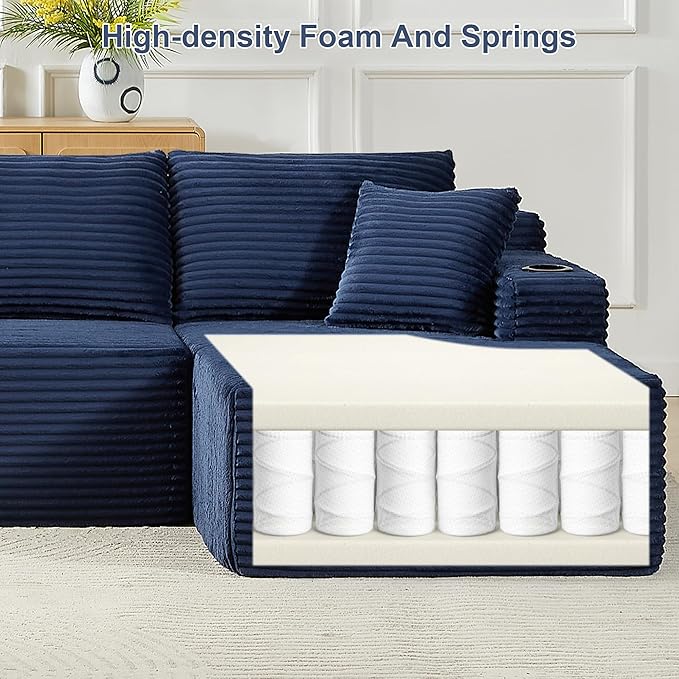 KIVENJAJA 133.5 Oversized U Shaped Sectional Cloud Couch Corduroy Modular Sectional Sofa with Cup Holders &amp Side Pockets Modern Deep Seat Boneless Couches for Living Room Apartment Blue