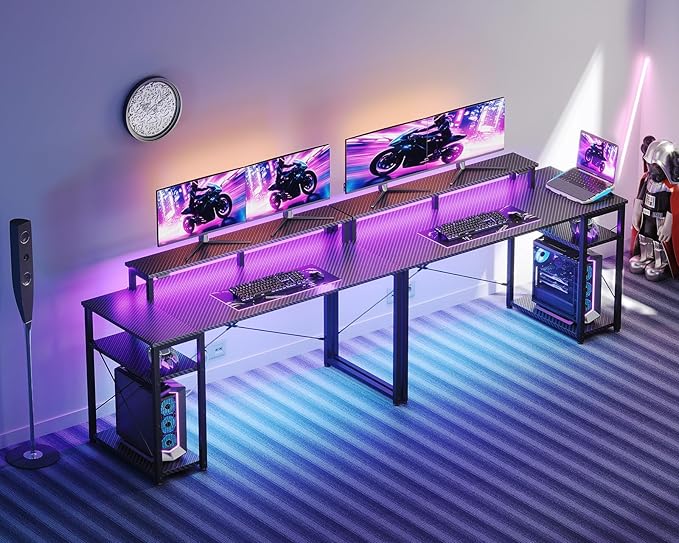 MOTPK 48 Inch Gaming Desk with Storage &amp Led Lights Computer Desk with Shelf Reversible Gamer Desk with Monitor Stand Carbon Fiber Texture Black