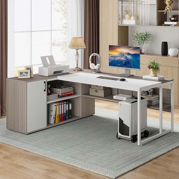 Tribesigns 71 inch Executive Desk L Shaped Desk with Cabinet Storage Executive Office Desk with Shelves Business Furniture Set Workstation for Home Office Gray and White
