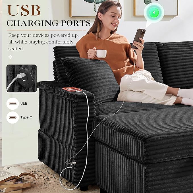 68 Cloud Loveseat with Ottoman Set USB Ports &amp Storage Wooden Side Table Comfy Plush Corduroy Upholstered Love Seat Modern Oversized Deep Seated Grey Sectional for Living Room Black