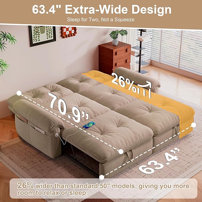 Sleeper Sofa Bed Queen Size Sofa Bed Convertible Pull Out Couch with Adjustable Backrest USB Port and Side Pockets Modern 2 Seater Small Couches for Living Room Space-Saving