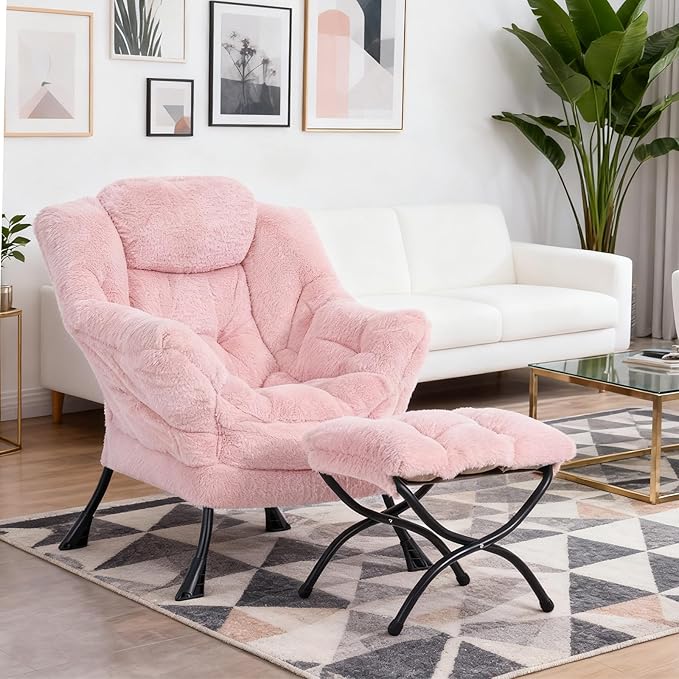 Welnow Lazy Chair with Ottoman Modern Accent Chair with Armrests and a Side Pocket Leisure Sofa Armchair Set Reading Armchair with Footrest for Small Space Plush Pink