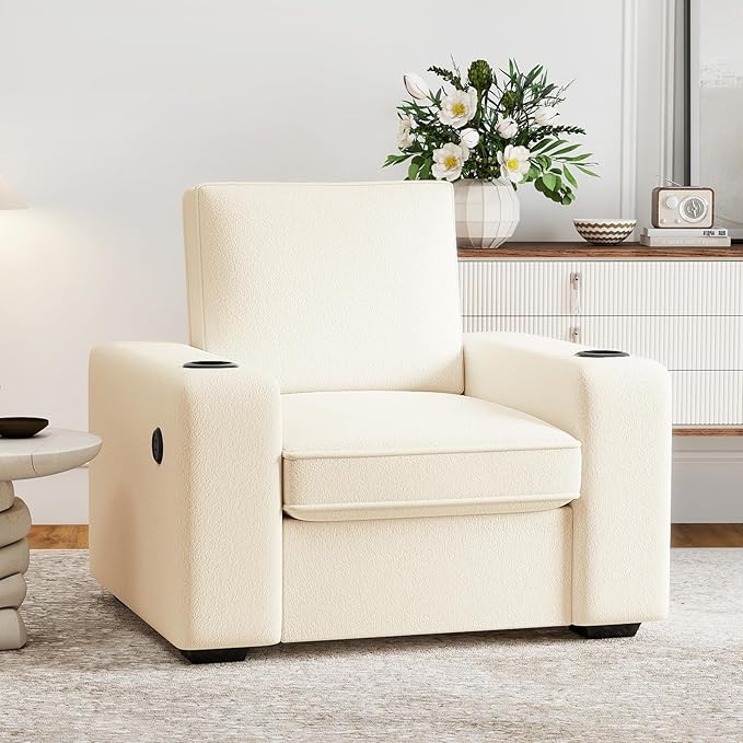 Furnimart 36 Wide Plush Accent Chair Single Sofa with USB Charger &amp Cup Holder Oversized Comfy Chair Tufted Terry Fabric Ideal for Living Room Bedroom Apartment(Terry-Beige)