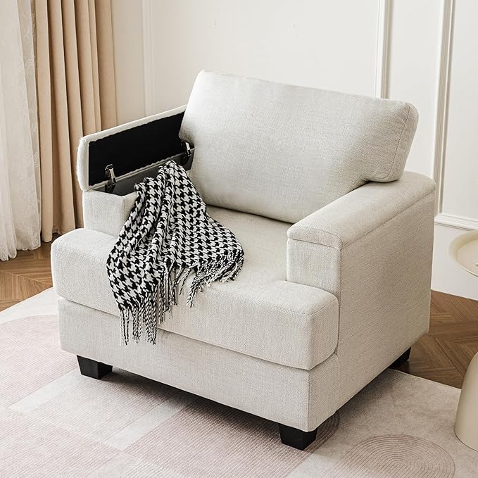 Oversized Accent Chair with Armrest OrganizerComfy Living Room Chairs with Thick CushionUpholstered Linen Fabric ArmchairBig Reading ChairSofa Chair for Bedroom