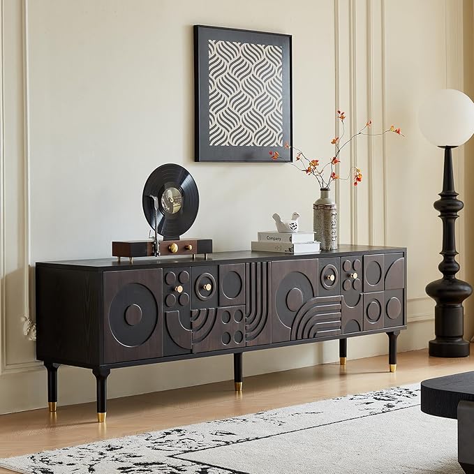 Modern TV Stand for 75 inch TV 66.9 Entertainment Center with Carved Geometric Doors TV Console with 4 Cabinet Storage Retro Art-Inspired Media Console for Living Room/Bedroom - Black