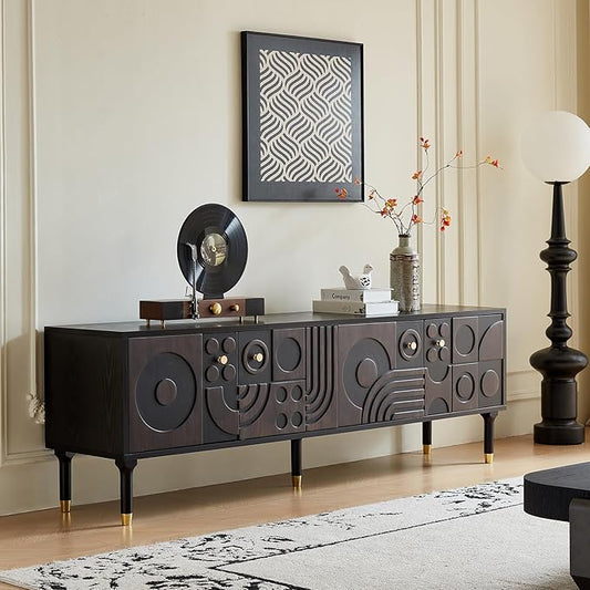 Modern TV Stand for 75 inch TV 66.9 Entertainment Center with Carved Geometric Doors TV Console with 4 Cabinet Storage Retro Art-Inspired Media Console for Living Room/Bedroom - Black