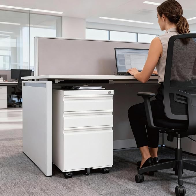 3 Drawer File Cabinet with LockRolling Mobile File Cabinet with Wheels for Home OfficeUnder Desk Metal Filing CabinetOffice Storage OrganizerFully AssembledWhite