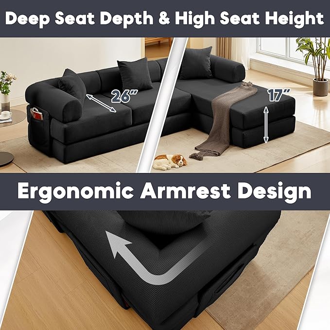 Modular L Shaped Sofa Bed with Cylindrical Pillow &amp Reversible Chaise Corduroy Convertible Floor Boneless Sofa Couch Bed with Fixed-Shape Frame &amp Storage Pocket for Living Room Black