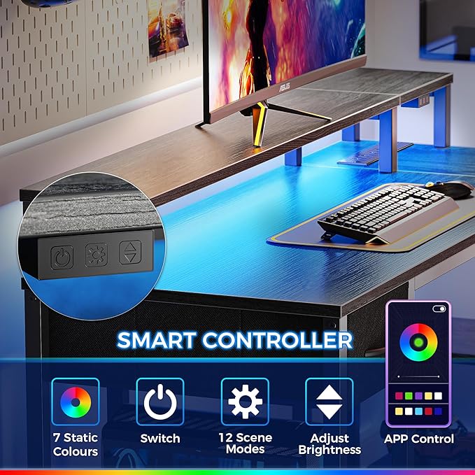 SUPERJARE 53 inch Reversible L Shaped Desk with LED Lights &amp Power Outlets Computer Desk with Shelves &amp Monitor Stand Gaming Desk with Drawer Home Office Desk Corner Desk Grey