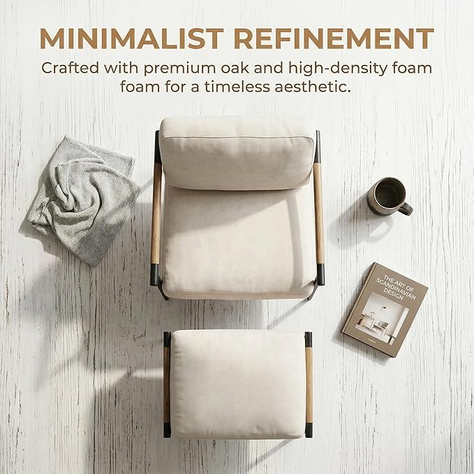 DUOMAY Mid Century Modern Accent Chair with Ottoman Set Chenille Beige Upholstered Living Room Chair with Metal Legs Lazy Lounge Chair Set with Footrest for Bedroom Living Room