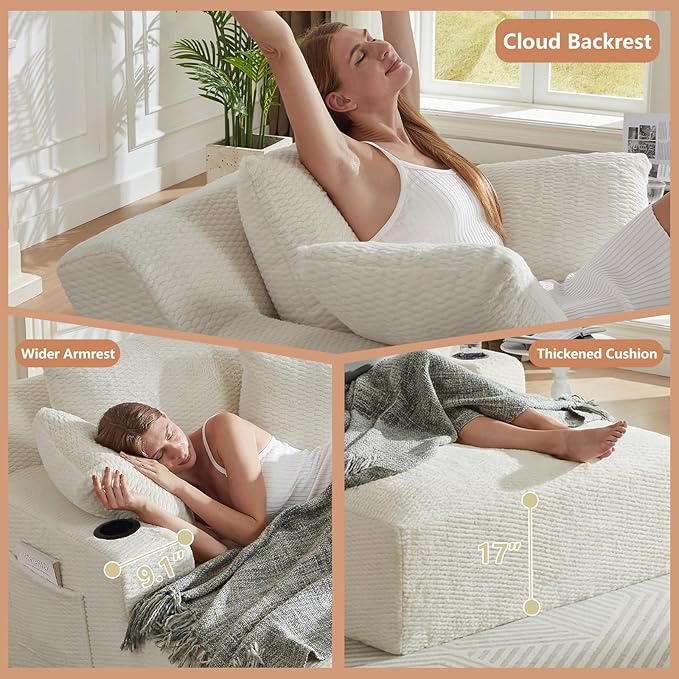 66 Oversized Chaise Lounge Chair Indoor Modern Upholstered Deep Seat Sofa Bed Sleeper Couch Reading Chairs Comfy Corduroy Cloud Sofas Couches for Living Room No Assembly Cream