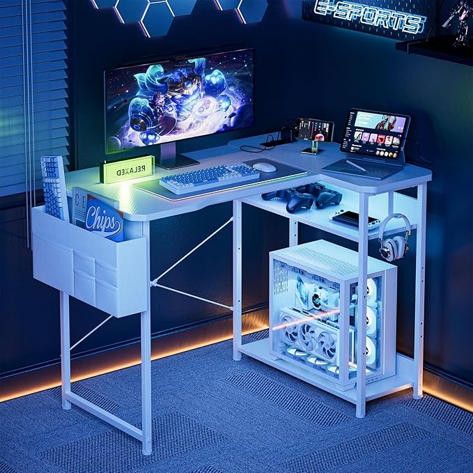 L Shaped Gaming Desk 48 Inch - Computer Corner Desk with Power Outlets Reversible Shelves &amp Storage Bag for Home Office PC Gaming Table White Carbon