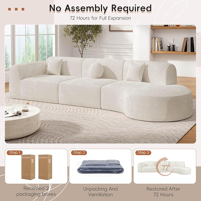 140 Modular Sectional Sofa with Curved Chaise Lounge Oversized Modern Sofa Set Right Hand Facing with Chenille Fabric Boneless Couches for Living Room 3-Piece Set Off-White