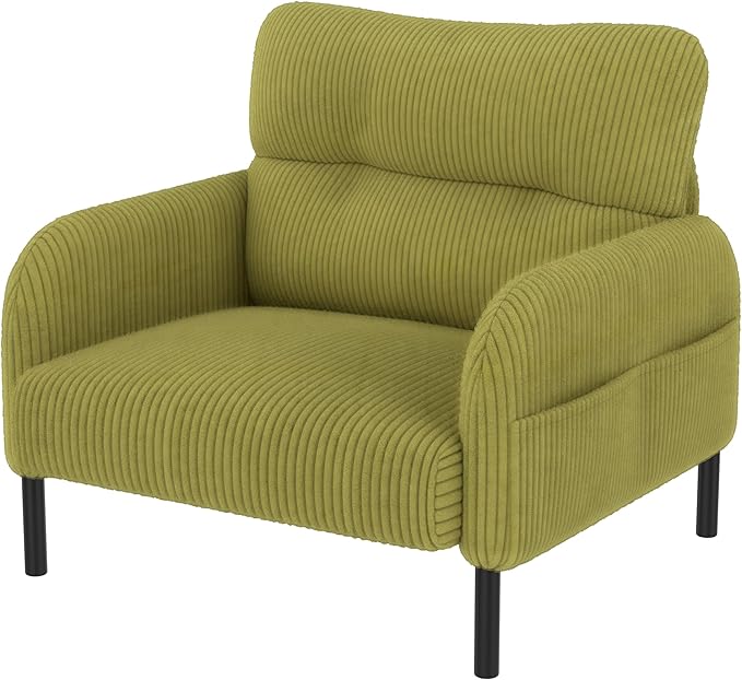 Olive Green Accent Chair - Corduroy Living Room Chairs with Side Storage Pockets and Durable Legs Comfy Arm Reading Chair with Soft Backrest for Bedroom Balcony Study Room