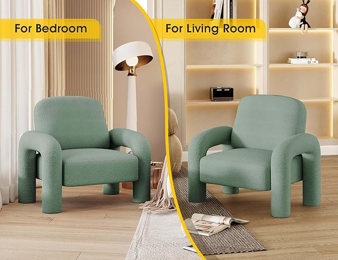 Modern Sherpa Accent Chair Teddy Upholstered Arm Single Sofa Cozy Fluffy Reading Chair for Living Room Bedrooms Corner (Mint Green)