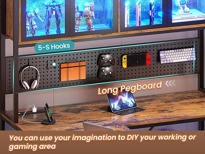 SEDETA L Shaped Gaming Desk with Drawers L Shaped Computer Desk with Hutch and Storage Shelves Gaming Desk with Pegboard Led Lights and Power Outlet Home Office Desk Corner Desk Rustic Brown