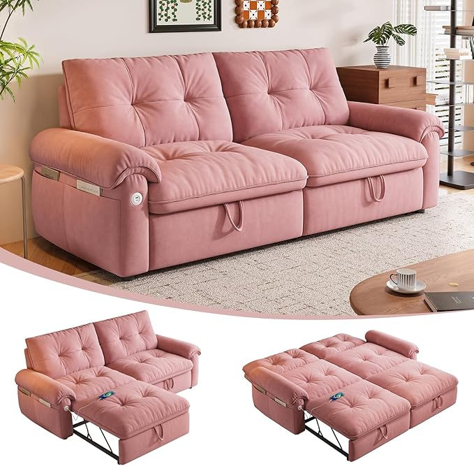 77 Queen Size Sofa Bed 2-in-1 Convertible Sleeper Sofa Bed with Adjustable Backrest Modern Velvet Couch with Side Pocket and USB Ports for Living Rooms Bedrooms Small Spaces (Pink 77.2inch)