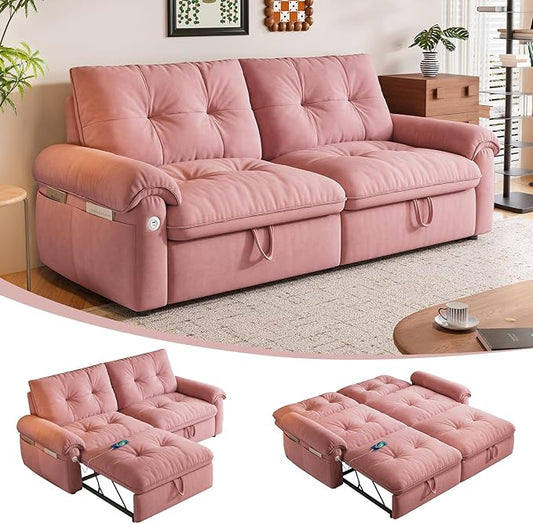 77 Queen Size Sofa Bed 2-in-1 Convertible Sleeper Sofa Bed with Adjustable Backrest Modern Velvet Couch with Side Pocket and USB Ports for Living Rooms Bedrooms Small Spaces (Pink 77.2inch)