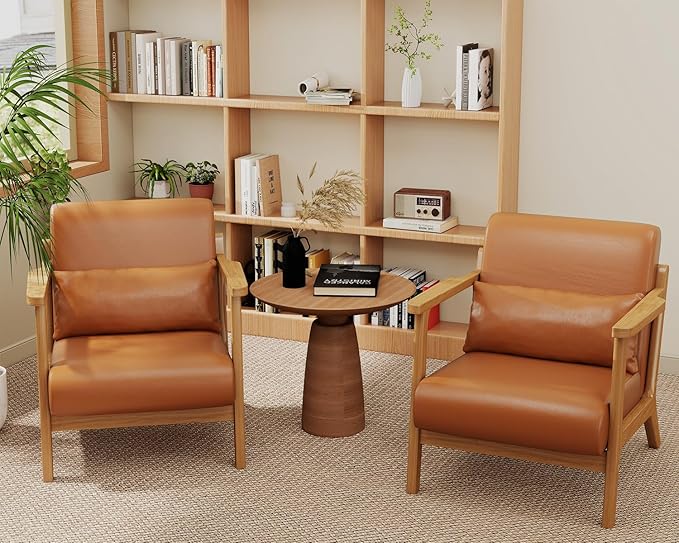 Accent Chair and Ottoman Set Mid-Century Modern Faux Leather Armchair with Solid Wood Frame for Living Room Bedroom Balcony Brown