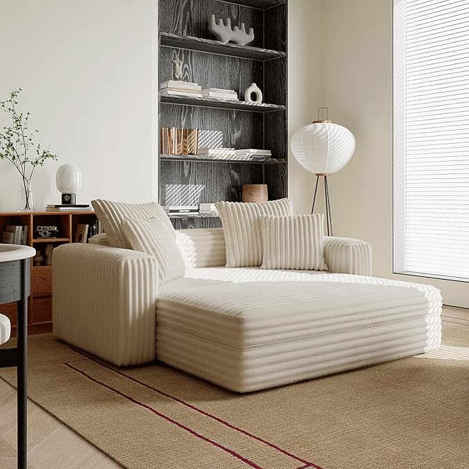 Acanva Oversized Cozy Chaise Lounge Chair Indoor with Removable Ottoman Modern Upholstered Fluffy Sleeper Sofa Bed Comfy Reclining Couch for Living Room Bedroom White