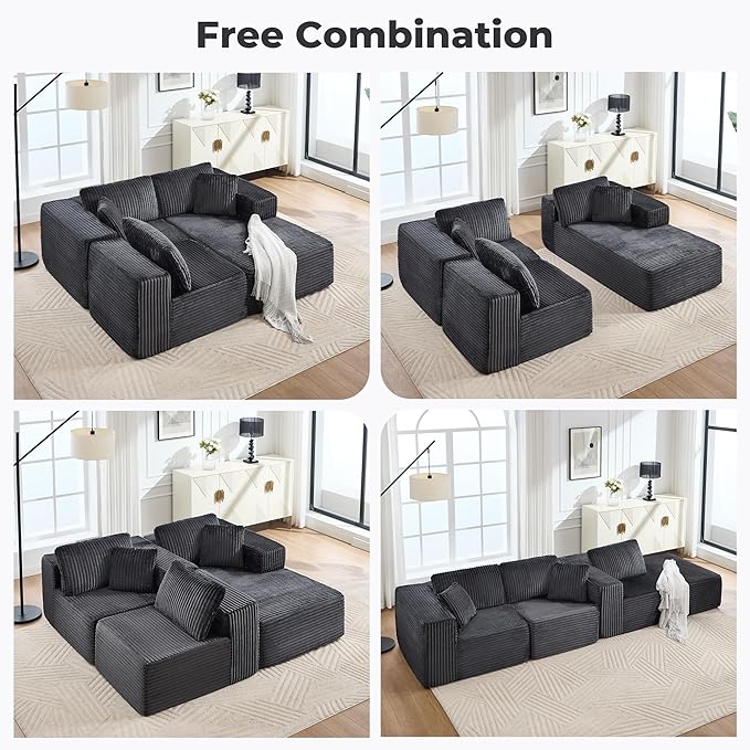L-Shaped Boneless Modular Sectional Sofa 107 Modern Corduroy Upholstery Couch with Chaise for Living Room 3-Seater Cloud Couches with Deep Seat No Assembly Right Facing Chaise Dark Grey