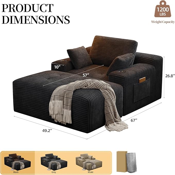 MoonSpeak 67 Boneless Reading Chair with Lounges Chaise Indoor Corduroy Cloud Couch with 1 Ottoman Upholstered Sleeper Sofa Bed with Wide Armrest and 3 Pillows for Living RoomReading Room(Black)