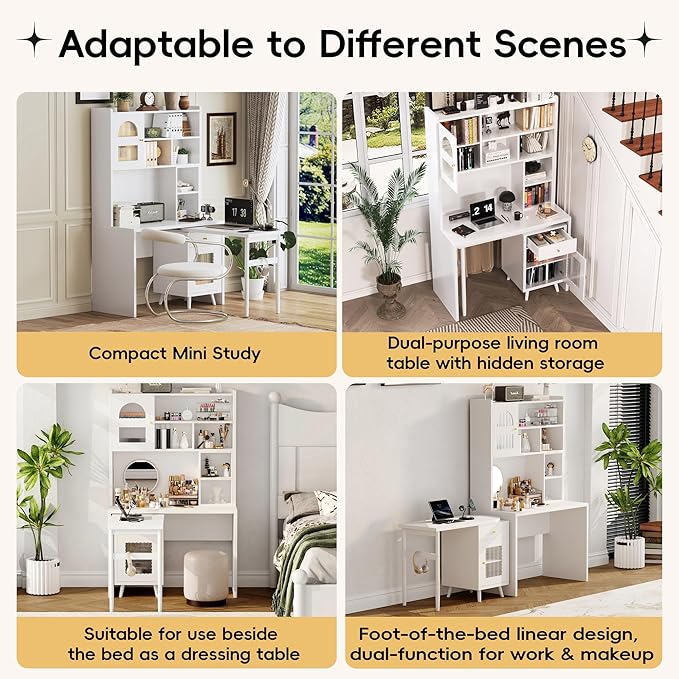 L Shaped Home Office Desks with 90° Rotating Retractable Desktop Glass Door Hutch Drawers Bookshelf &amp Storage Shelves 43 Modern Gaming Computer Corner Table for Work Study Writing White