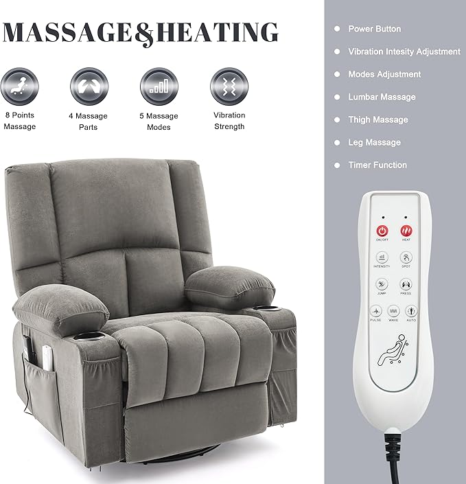 Oversized Recliner Chairs for Adults 270° Swivel Rocker Recliner with Heat and Massage Lazy Boy ReclinerRecliner Chairs Single Sofa Seat with Cup Holders (BlackGrey)
