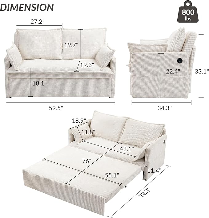 Pull Out CouchLoveseat Convertible Sleeper Sofa Bed with USBPull Out Sofa Bed Side Storage2 PillowsCorduroy Sleeper Couch for Living RoomBedroomApartmentPet-Friendly(Beige 59.5'')