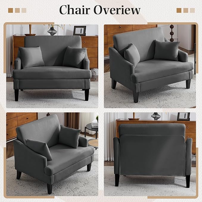 Bezseller Oversized Accent Chair 41'' Wide Seat Modern Single Sofa Chair with 2 Pillows Upholstered Comfy Armchair Big Reading Chair for Living Room Bedroom Office Dark Grey