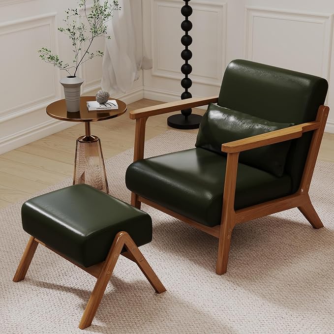 Accent Chair and Ottoman Set Mid-Century Modern Faux Leather Upholstered Lounge Armchair with Pillow Solid Wood Frame &amp Comfortable Cushion for Living Room Bedroom Balcony Green
