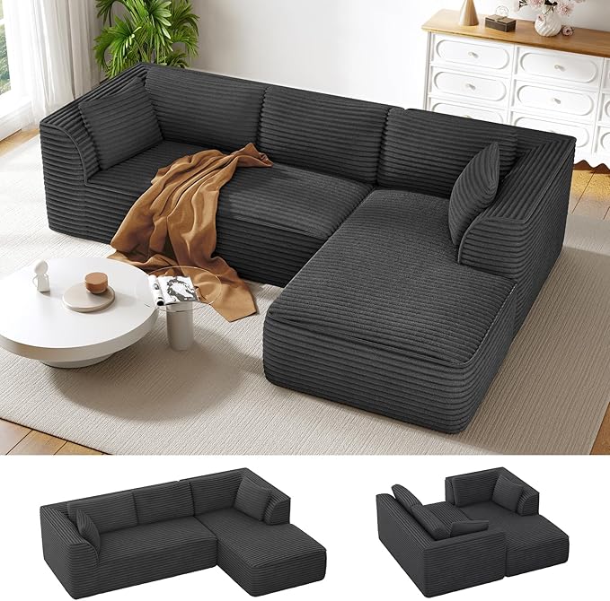 Vesgantti 106 Cloud Couch with Chaise Deep Seat Fluffy Modular Sectional Sofa Corduroy Memory Foam Boneless Couches for Living Room Bedroom No Assembly Required (Grey Right-Facing Chaise)