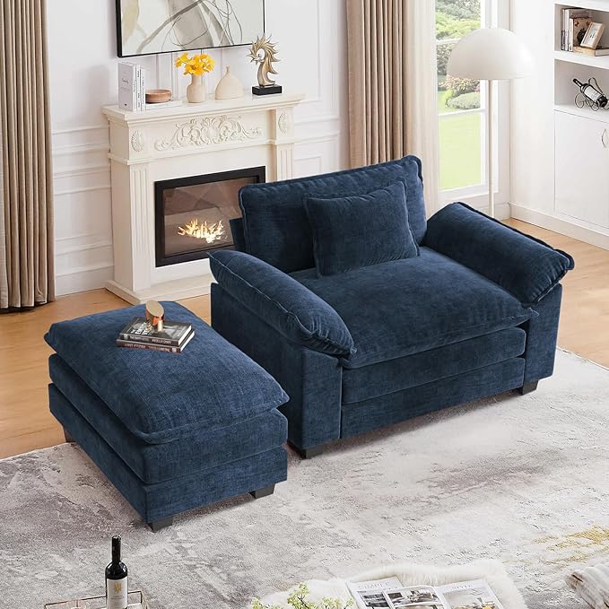 CDCASA Oversized Accent Chair with Ottoman Chenille Comfy Cloud Sofa Chair with Large Seat and Upholstered Armrests Modern Extra Wide Armchair for Bedroom Living Room Blue