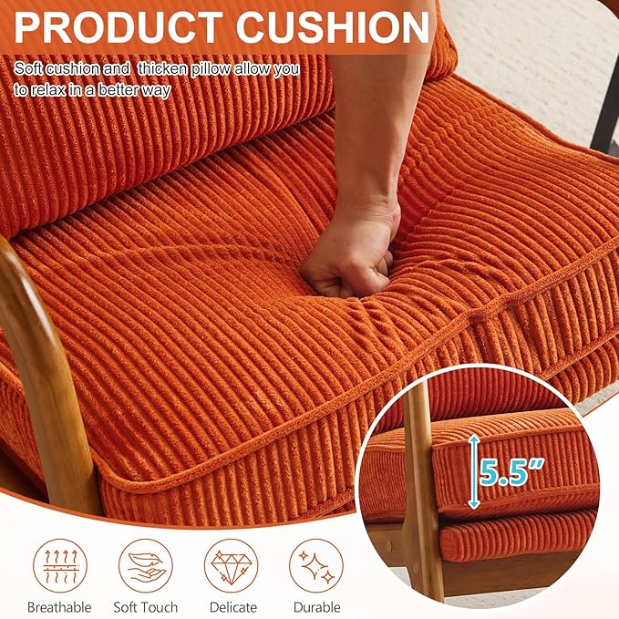 Karl home Mid-Century Modern Accent Chair Living Room Chairs with Pillow Corduroy Upholstered Lounge Armchair with Solid Wood Frame &amp Soft Cushion for Bedroom Reading Room Orange