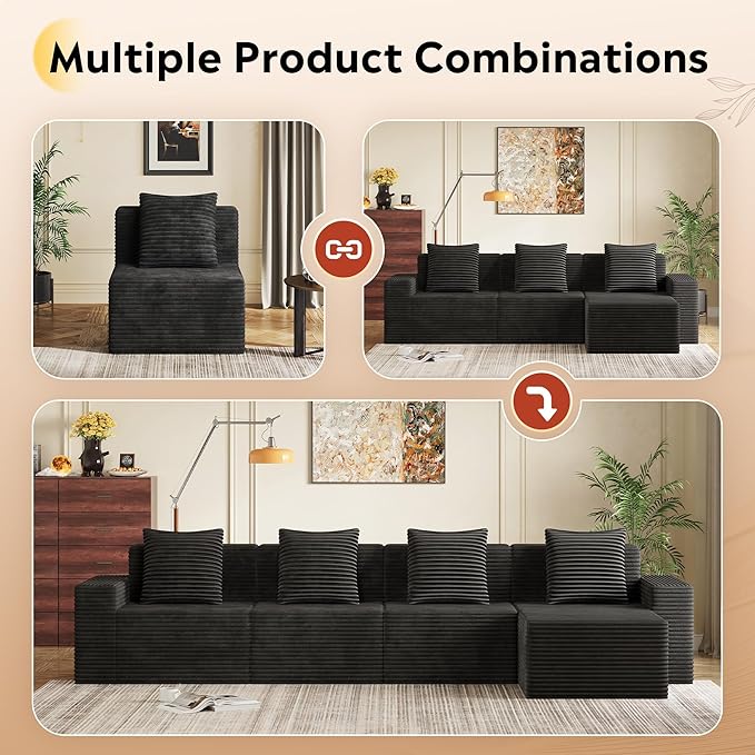 WLIVE 32'' Middle Sofa Seat of Cloud Sectional Couches for Living Room Boneless Armless Chair Memory Foam Corduroy Black