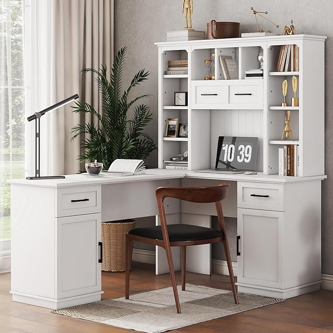 L-Shaped Executive Desk Writing Desk Office Study Workstation with Storage Cabinets and Bookcases Wood Home Office Computer Desk for Living Room Study Room (White-11.8)