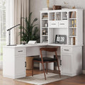 L-Shaped Executive Desk Writing Desk Office Study Workstation with Storage Cabinets and Bookcases Wood Home Office Computer Desk for Living Room Study Room (White-11.8)