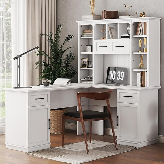 L-Shaped Executive Desk Writing Desk Office Study Workstation with Storage Cabinets and Bookcases Wood Home Office Computer Desk for Living Room Study Room (White-11.8)