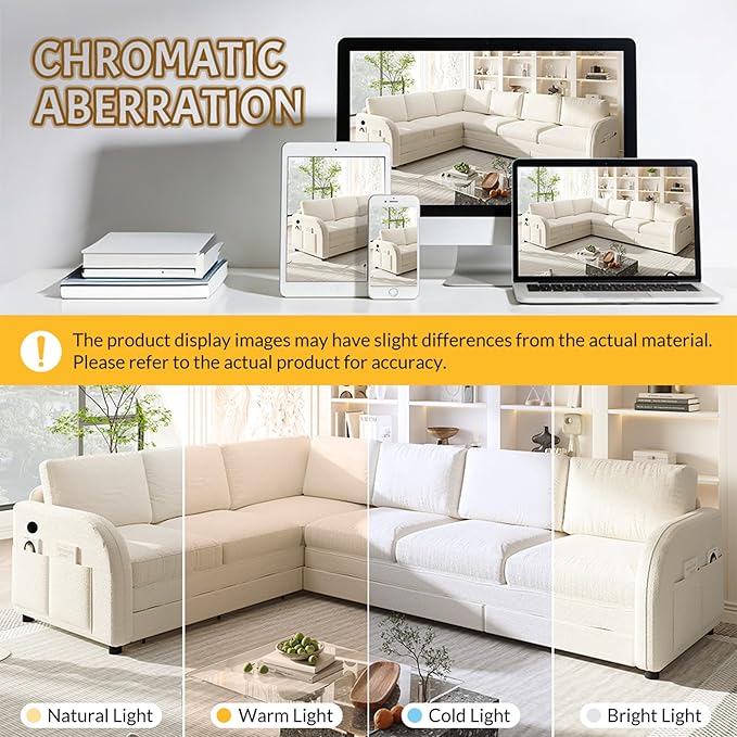 GNIXUU 115.2 L Shaped Couch with Pull Out Bed Convertible Sectional Sleeper Sofa with USB Port &amp Side Pockets 6 Seat Oversized Modular Teddy Cloud Couches for Living Room Apartment Beige