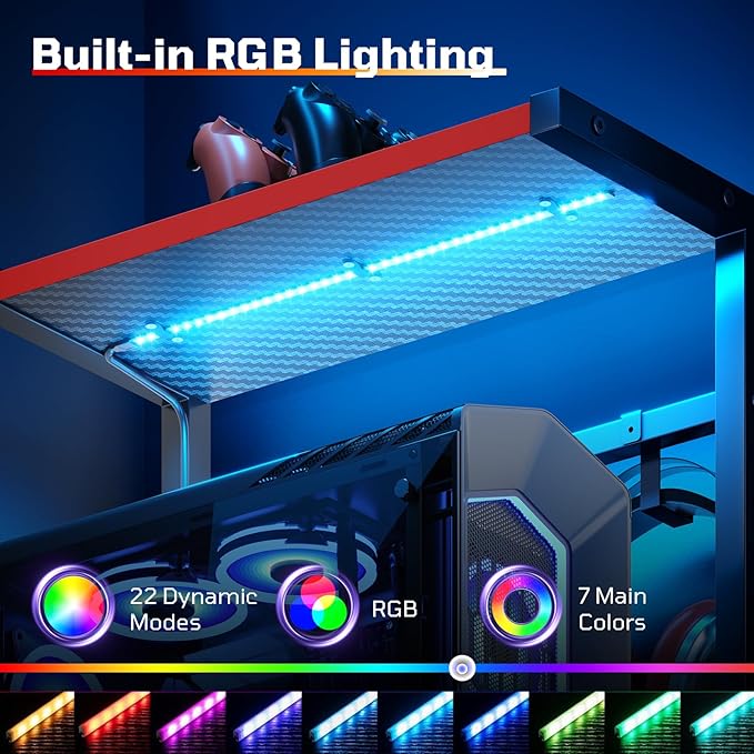 Bestier Gaming Desk with Drawer 44 Inch Small Computer Desk with PC Shelf Gaming Table with LED Lights for Small Spaces Reversible Gamer Desk with Storage Bag &amp Side Hook Black-RED