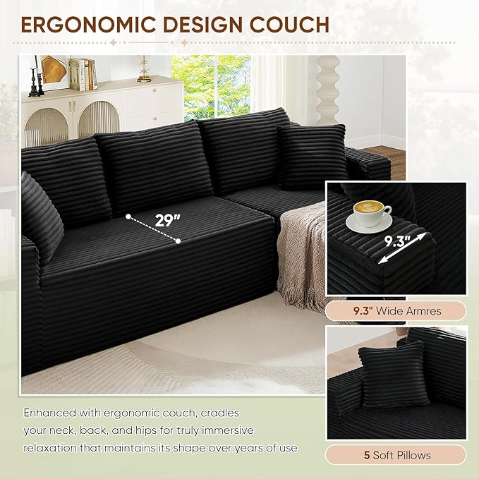 103 Modern L-Shaped Modular Sectional Sofa Comfy Corduroy Deep Seat Oversized Black Cloud Couch Deep Seat Compressed Foam Boneless Couches for Living Room No Assembly (Black Right Facing Chaise)