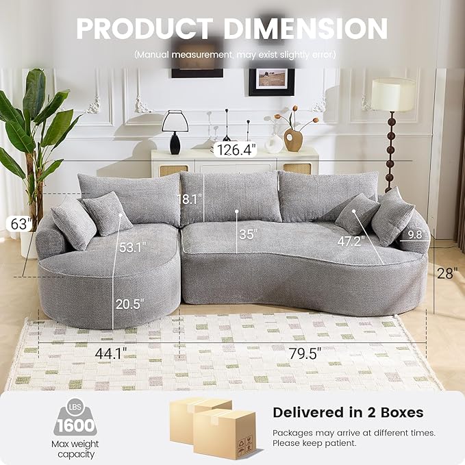126” Oversized Curved Sectional Sofa L Shaped Chenille Boneless Couch with Deep Seat &amp 7 Pillows for Living Room Bedroom No Assembly Required (Grey)