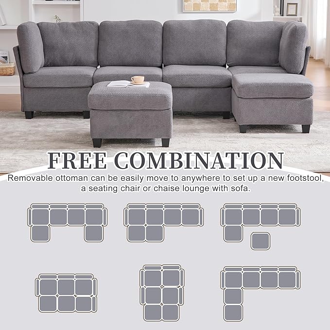 U Shaped Modular Sectional Sofa Couch with Storage Ottoman 6 Seat Convertible Upholstered Deep Seat Sofa with Chaise Lounge Comfy Cloud Couch for Living Room Gray